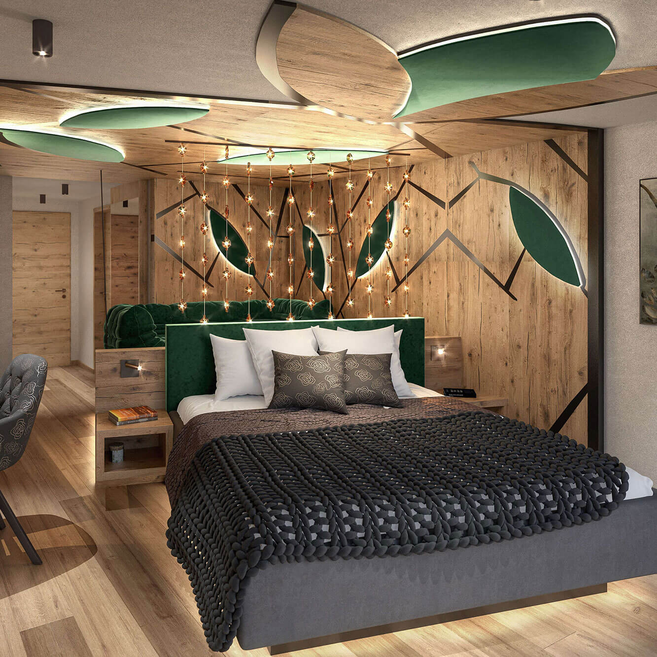 Zimmer - Innenaufnahme mit Bett in grün - Hotel Terentnerhof