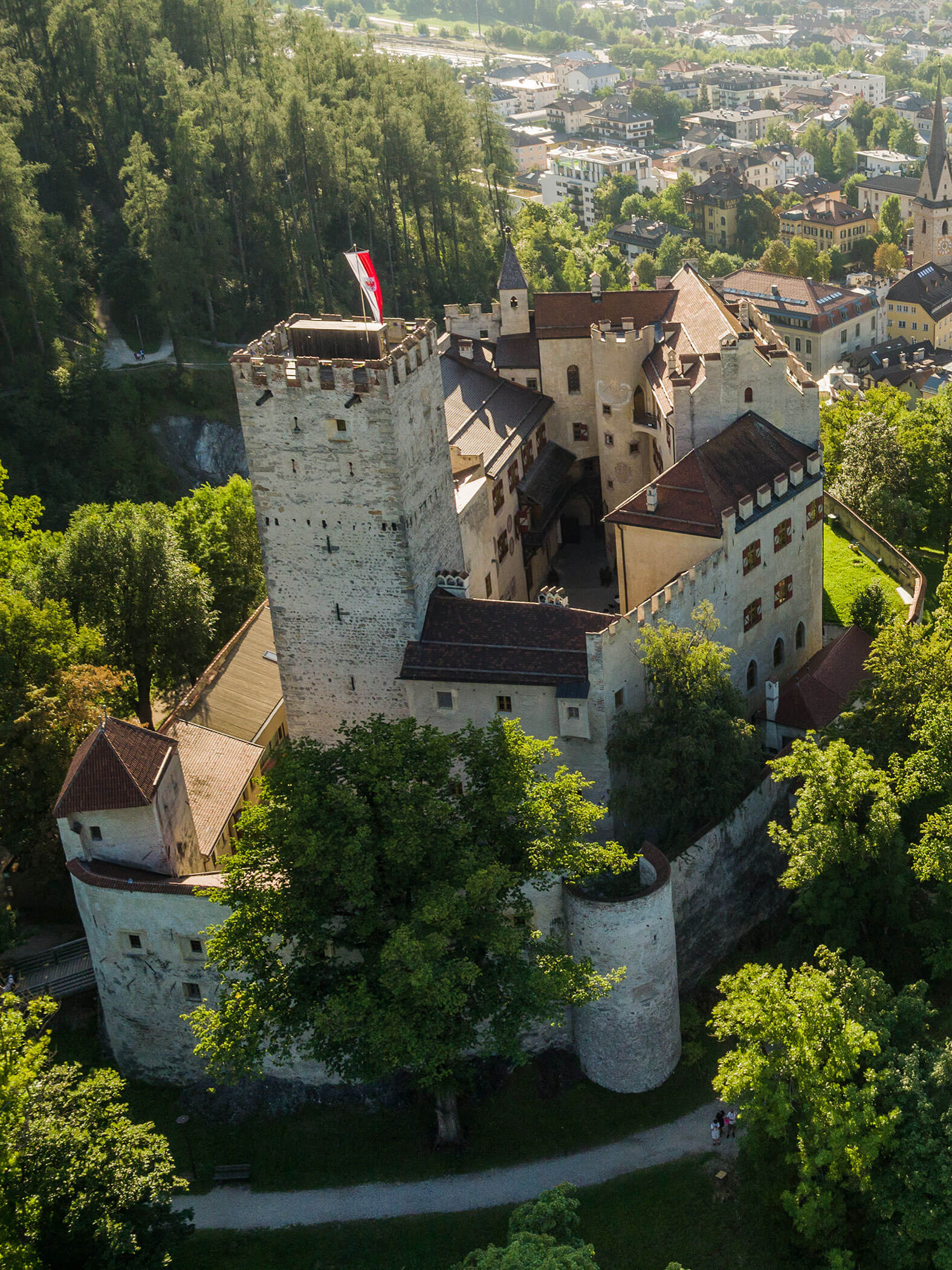 Castle of Brunico in the countryside - View from above - Hotel Terentnerhof